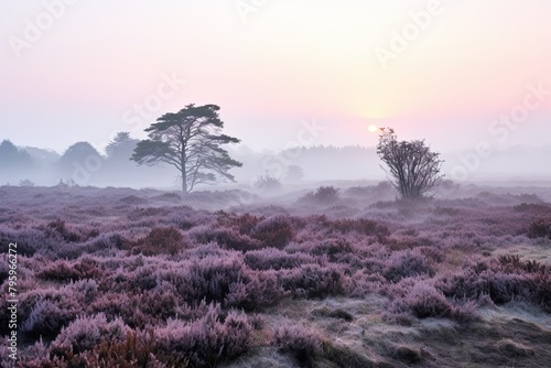 Mysterious Foggy Moor Gradients: Enigmatic Heathland Serenity