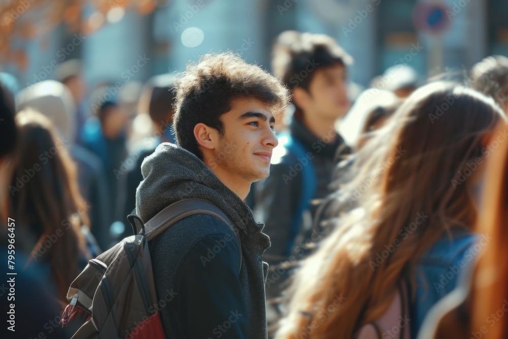 Portrait of a young man with a backpack in the city. Portrait of a young man with a backpack in the city.