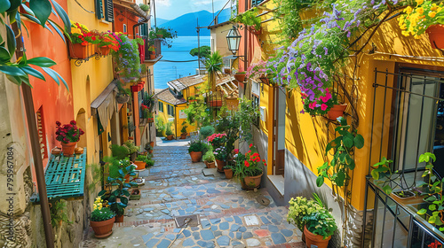 a colorful array of buildings and plants adorn the streets of a small town, including a vibrant yel photo
