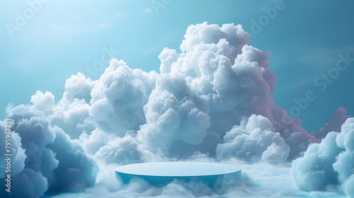 Fototapeta Naklejka Na Ścianę i Meble -  3d render podium with white cloud background. white clouds sky background for showcasing products or creating a beauty-themed display.