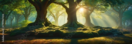 enchanted forest backdrop with a prominent stone feature, bathed in the ethereal light of a sun-dappled grove.. photo
