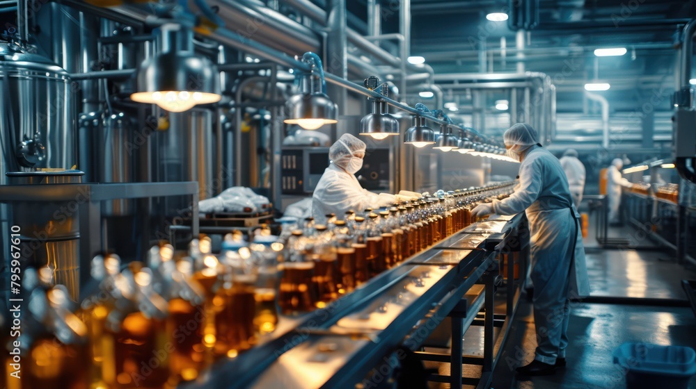 Factory industrial, A Beverage factory production line supervisor and employees working together on beverage production line in beverage factory, industrial background.