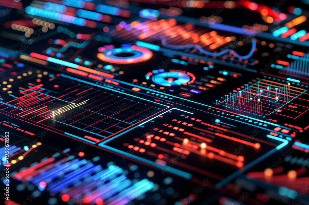 A digital audio waveform displayed across a sleek, modern interface with vibrant colors against a dark background, representing digital audio production A digital audio waveform displayed across a sleek, modern interface with vibrant colors against a dark background, representing digital audio production