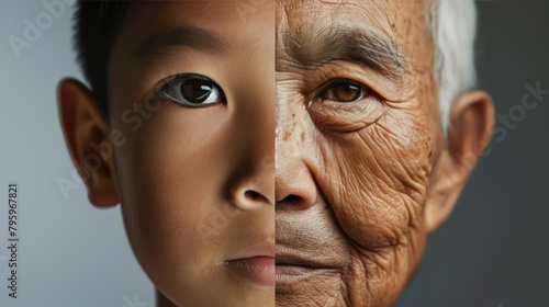 The face is divided into two halves - half of an Asian boy and half of an old Asian man. Distinguishing childhood and old age, aging, maturation, longevity, lifespan, aging, gerontology. © Phoophinyo