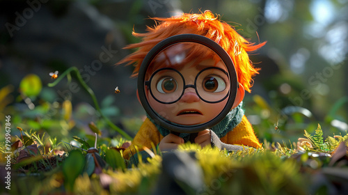 A cute cartoon kid curiously watchin insects through magnifying glass , Art, cartoon, animation, illustration - Generative AI photo