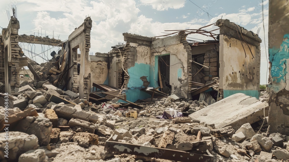Amidst the wreckage of war, houses destroyed by bombardment stand as symbols of resilience and hope, their shattered remains a testament to the human spirit's capacity for survival and renewal. Amidst the wreckage of war, houses destroyed by bombardment stand as symbols of resilience and hope, their shattered remains a testament to the human spirit's capacity for survival and renewal.