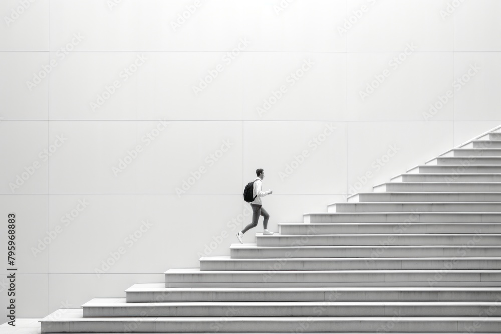 Young man running up the stairs architecture staircase building.