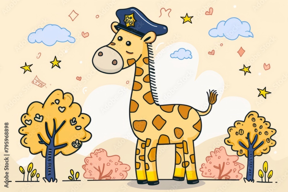 Cartoon cute doodles of a cheerful police officer giraffe using its ...