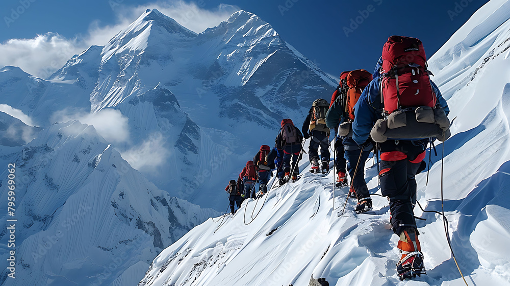 a group of hikers ascend a snowy mountain under a blue sky, carrying red and black backpacks, with