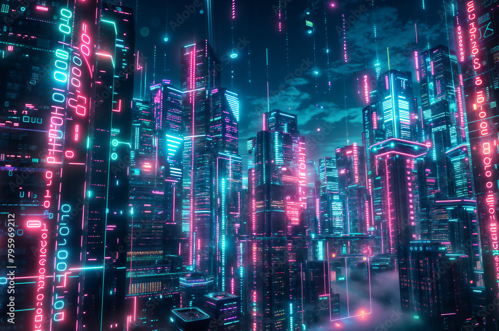 A futuristic tech cityscape at night, illuminated by neon lights with floating digital screens displaying data streams and AI algorithms