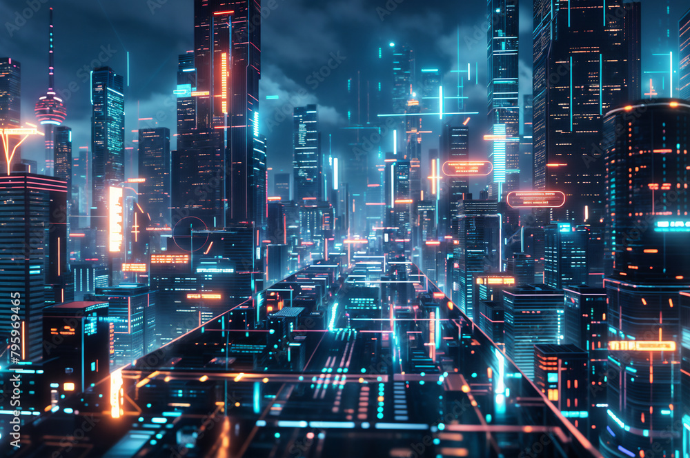 A futuristic tech cityscape at night, illuminated by neon lights with floating digital screens displaying data streams and AI algorithms A futuristic tech cityscape at night, illuminated by neon lights with floating digital screens displaying data streams and AI algorithms