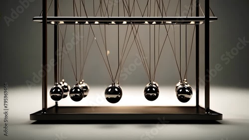 Newton's Cradle in Motion. Dynamic Pendulum Display on Dark Background photo