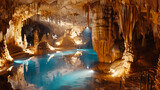 a stunning view of a cave with crystal - clear water, surrounded by stalactites and stalactites, an