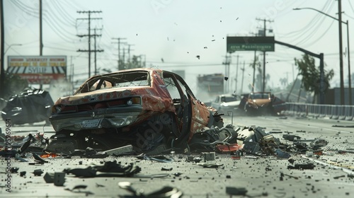 Amidst the wreckage, the car crash aftermath paints a scene of chaos and devastation, with twisted metal and shattered glass littering the road.