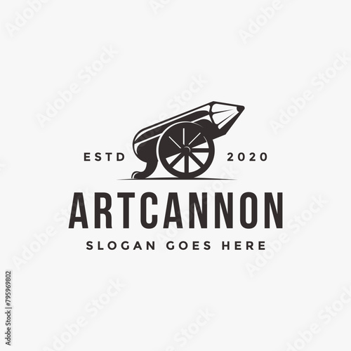 Vintage classic old cannon pencil logo, art cannon logo icon vector template on white background