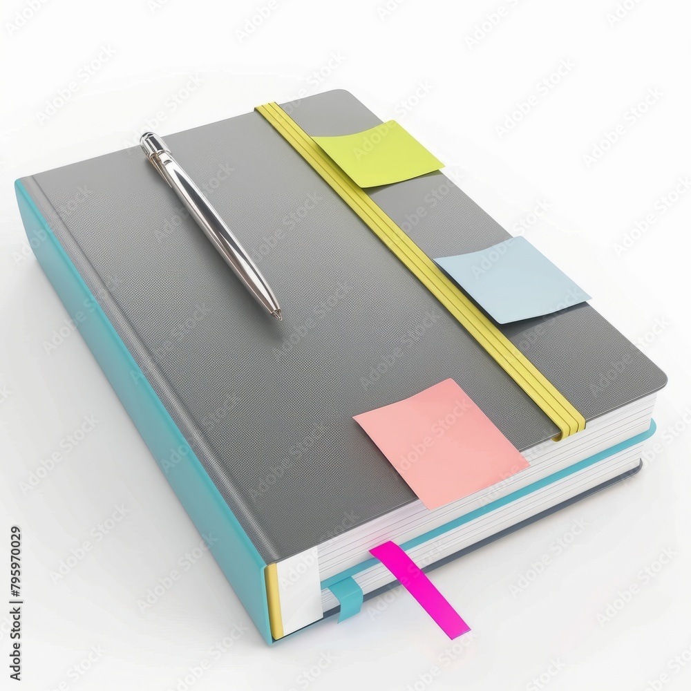 3D Render of a composition notebook with a bookmark and sticky notes attached to the cover, on isolated white background, Generative AI 3D Render of a composition notebook with a bookmark and sticky notes attached to the cover, on isolated white background, Generative AI