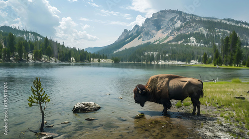 a majestic bison stands by a serene lake surrounded by lush green trees and a majestic mountain, un