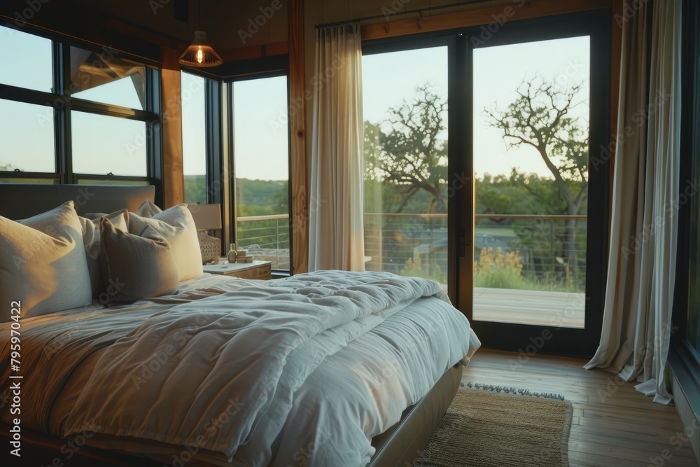 A tranquil bedroom with a plush bed, soft lighting, and large windows overlooking a serene landscape, Generative AI A tranquil bedroom with a plush bed, soft lighting, and large windows overlooking a serene landscape, Generative AI