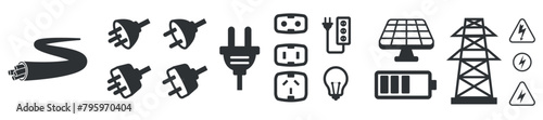 electricity icon bundle, wire plug battery solar panel electric symbol black