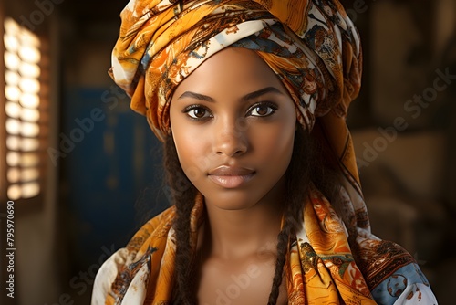 Portrait of a beautiful young African woman in traditional clothes and headscarf, Pemba, Mozambique photo