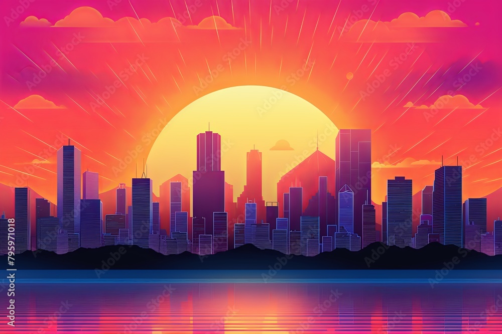 Retro Wave Sunset Gradients: Vibrant 80s Skyline Serenade