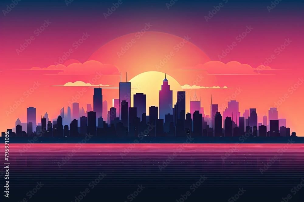 Retro Wave Sunset Gradients: Vibrant 80s Skyline Splendor