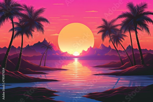 Vintage Retro Wave Sunset Gradients  A Digital Landscape