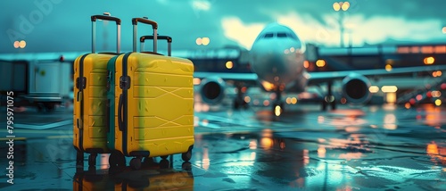 Two yellow and blue travel suitcases on wheels at an airport with planes in the background. Soft lighting, photorealistic, cinematic atmosphere.