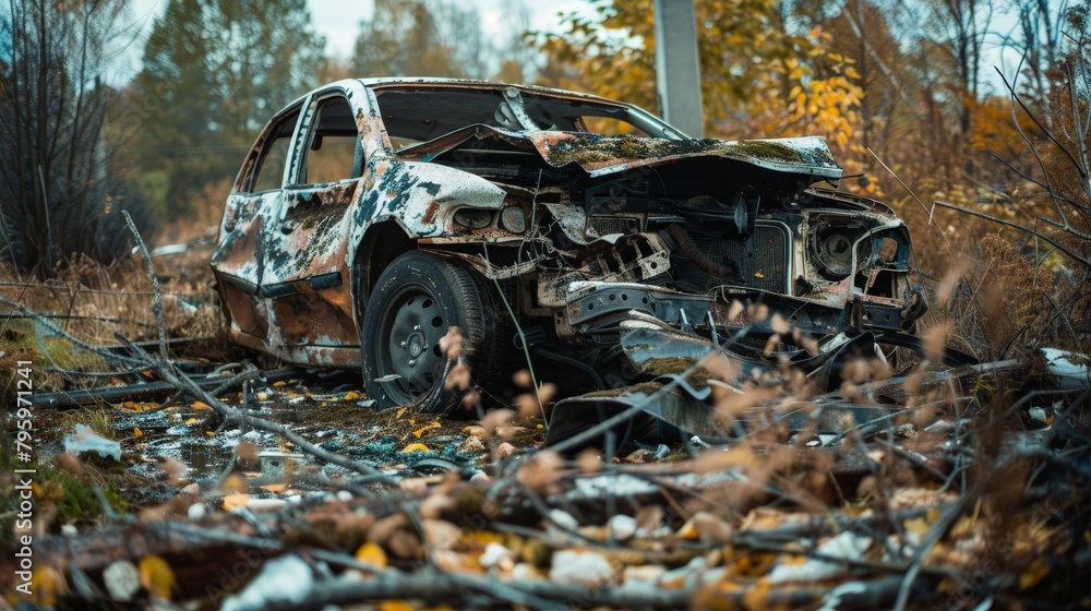 Fototapeta premium Amidst the wreckage, the car crash aftermath prompts reflections on mortality and the preciousness of every moment, as survivors vow to cherish life more deeply.