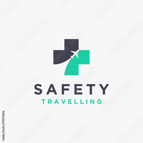 Medical cross and motion plane logo, safety traveling logo icon vector template on white background