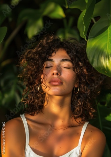 Attractive latinx woman with curly hair volumetric face neck.