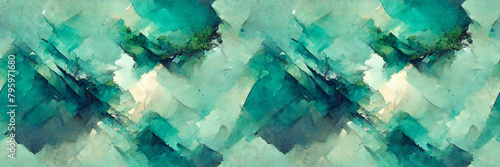 Abstract panoramic background. Colorful watercolor pattern of various natural shapes, green and teal spots and blurs, inspired by nature. Wide texture background with seamless pattern. Generative AI.