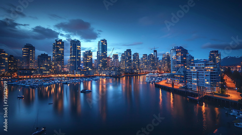 a serene cityscape at night featuring a small boat on calm blue waters, a towering cityscape, and a