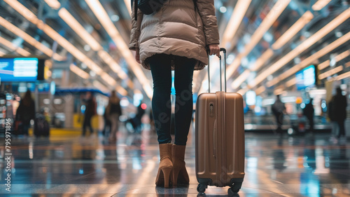 A woman in a beige jacket and blue jeans is standing in an airport, holding a bronze suitcase.
