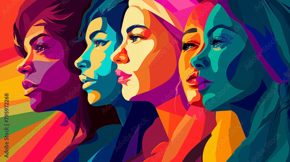A dynamic pop art illustration featuring a collage of women's profiles in a spectrum of bold, vibrant colors, expressing diversity and empowerment.
