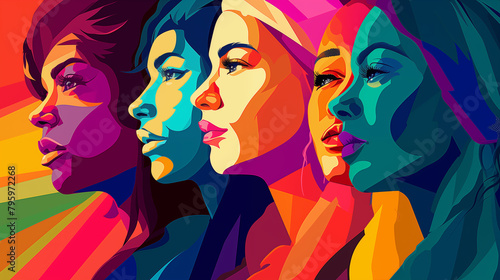 A dynamic pop art illustration featuring a collage of women s profiles in a spectrum of bold  vibrant colors  expressing diversity and empowerment. 