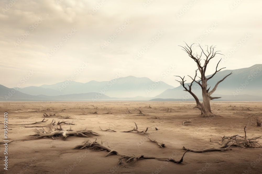 Desolate landscape with dead treesr driftwood outdoors scenery.