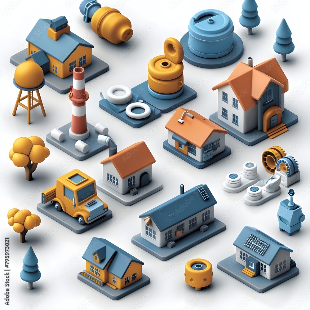 Obraz premium Varied 3D Architectural and Industrial Icons in Minimalist Landscape Composition
