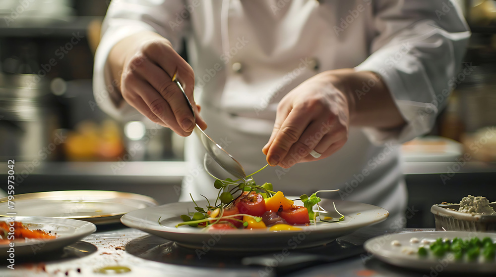 a chef prepares a meal on a white countertop, using a silver knife to cut a red tomato into small w
