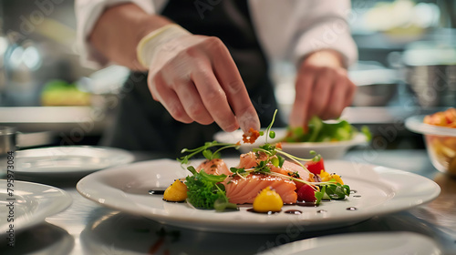 a chef prepares a meal on a transparent background, surrounded by white plates and bowls, with a ha