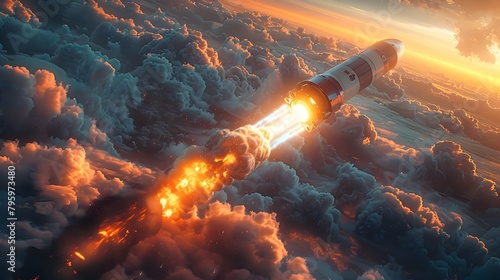 Futuristic 3D Rocket Blasting Off into the Endless Skies Above Wispy Clouds with Vibrant Hues and