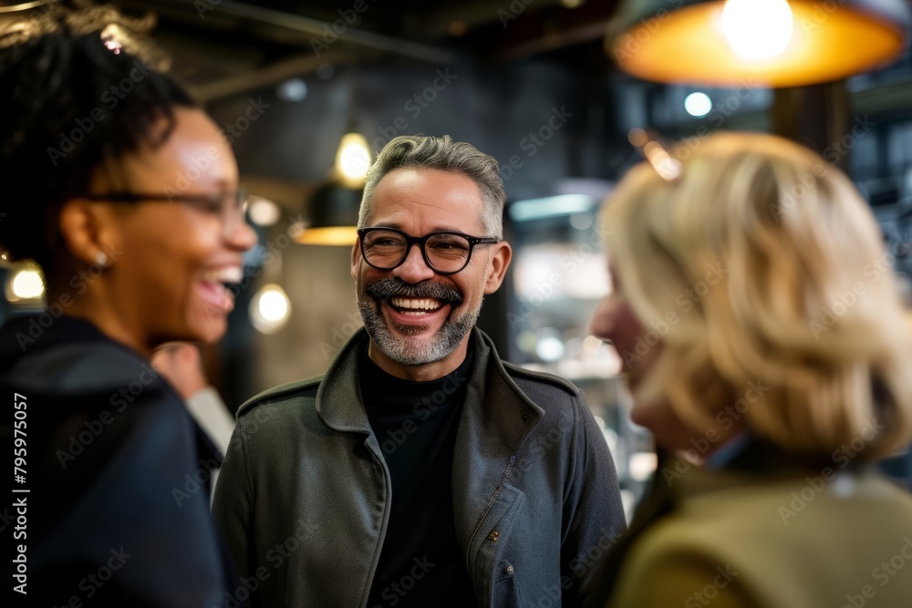 Group of diverse friends having fun in a pub. Cheerful middle-aged man wearing glasses and laughing. Group of diverse friends having fun in a pub. Cheerful middle-aged man wearing glasses and laughing.