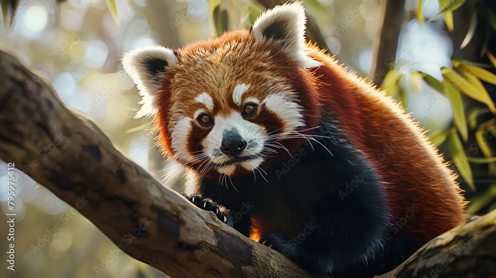 Obraz premium Cute panda sitting on branch looking at camera, AI Generative.