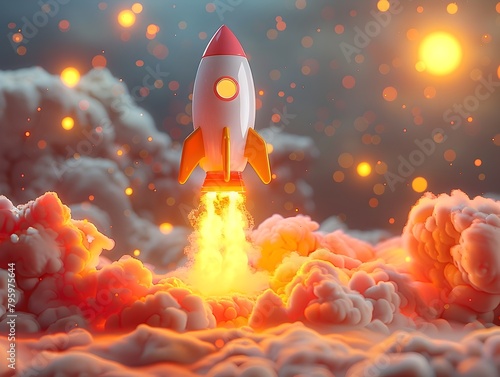 Cartoon Styled Rocket Ship Blasting Off into a Vibrant Whimsical Sci Fi Landscape
