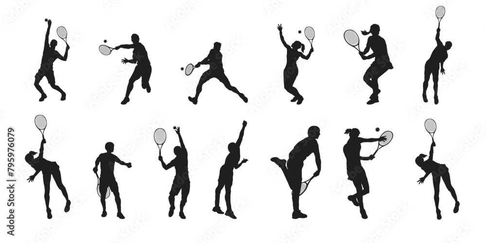 Black silhouettes of tennis players on a white background