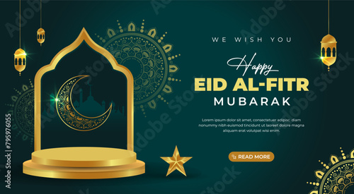 Eid al-fitr islamic festival horizontal web banner design with golden lamp and mosque