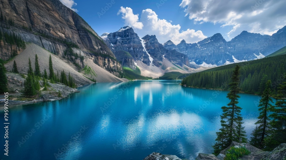 A serene lake embraced by towering mountains and lush trees