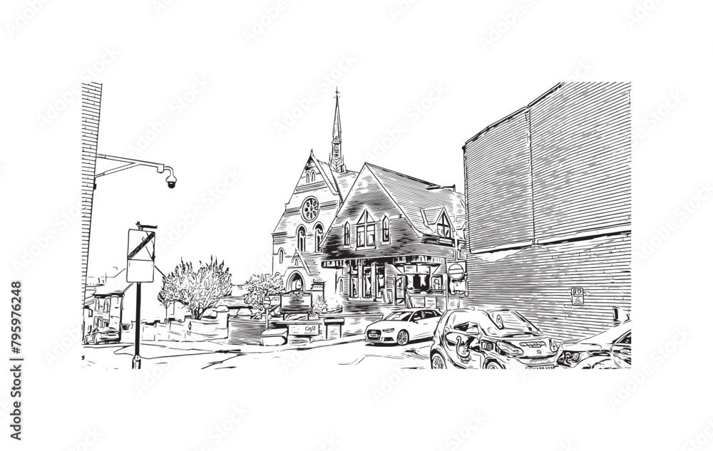 Obraz premium Print Building view with landmark of St Albans is a city in England. Hand drawn sketch illustration in vector. 