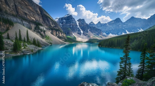 A serene lake embraced by towering mountains and lush trees