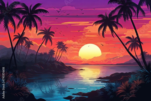 Tropical Island Sunset Gradients: Oceanfront Twilight Spectrum Glowing Horizon.